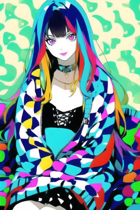 先ほどの絵に、promptに"colorful hair"を追加し、strengthとnoiseをいじったもの。いや～、すごいですね・・・描きたかったものにどんどん近づいている。 
