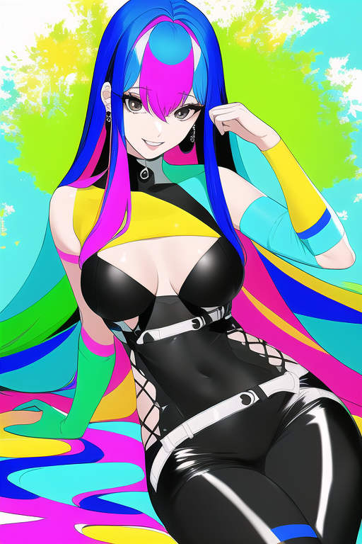 「先ほどの絵に、promptに"colorful hair"を追加し、streng」|工面ボードのイラスト