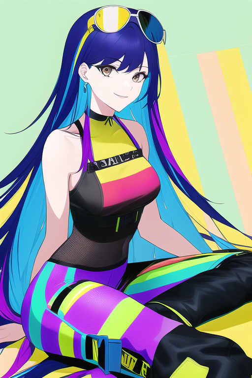 「先ほどの絵に、promptに"colorful hair"を追加し、streng」|工面ボードのイラスト