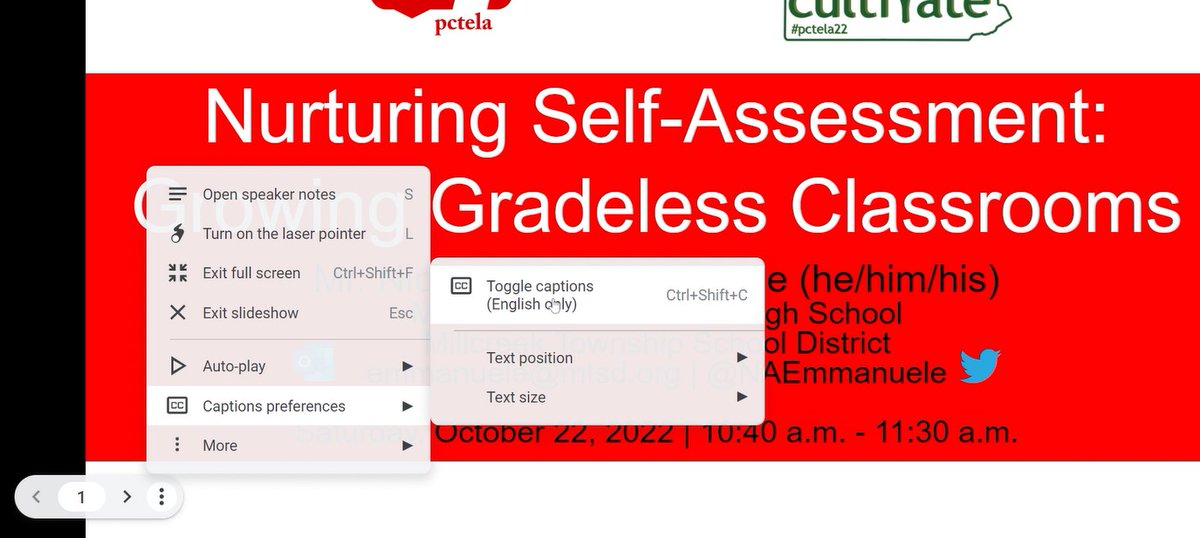 When I presented at #PCTELA22, I used Google Slides to generate closed captions. #accessibility

1. Bottom of Slides: select the 3 dots
2. Caption Preferences
3. Text size (Extra Large works best)
4. Then Toggle captions
5. I also used a wireless lapel mic
bit.ly/LMAccess