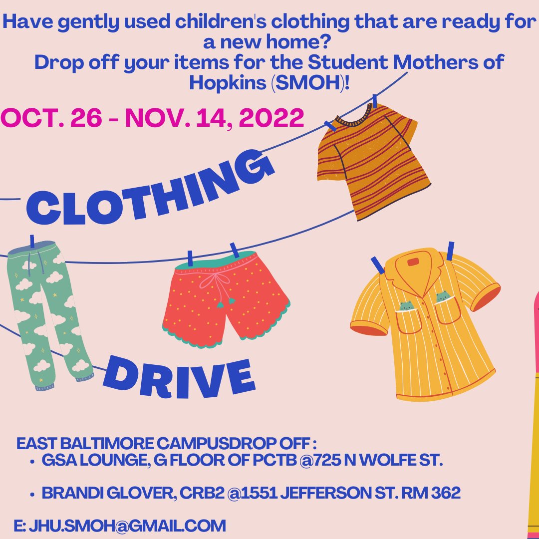 jhu_smoh's tweet photo. Clothing drive!! Please share! We are also accepting maternity clothing for our expecting mamas! You can also reach out to @_brandikentrice separately if one of the drop off spots does not work for you! 🥰 https://t.co/MLWH8ofR1Z