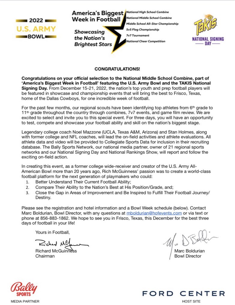 Excited to receive my official invite to this years U.S. Army All-American Bowl National Middle School Combine. @ShowcaseBall @coachkeith_1k @AlPopsFootball @PrepRedzoneNext @gobigrecruiting @247Sports
