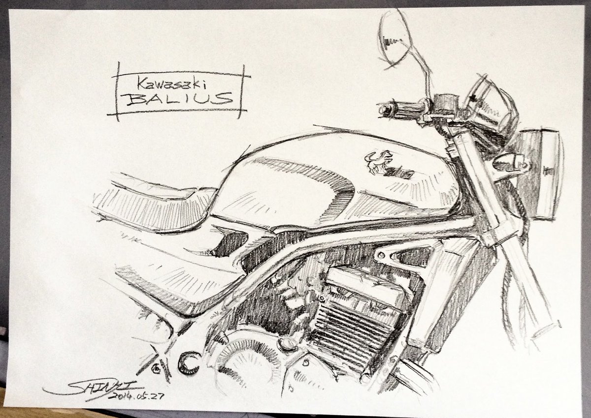 バイクはタンクからエンジン辺りを描けば車種も分かるし全体じゃなくてもイラストとして成り立ちますよね〜(ネイキッドの場合ね)
って昔々打ち合わせをした記憶があります。
#イラスト #アナログ #鉛筆 #illustration #drawing #バイク 