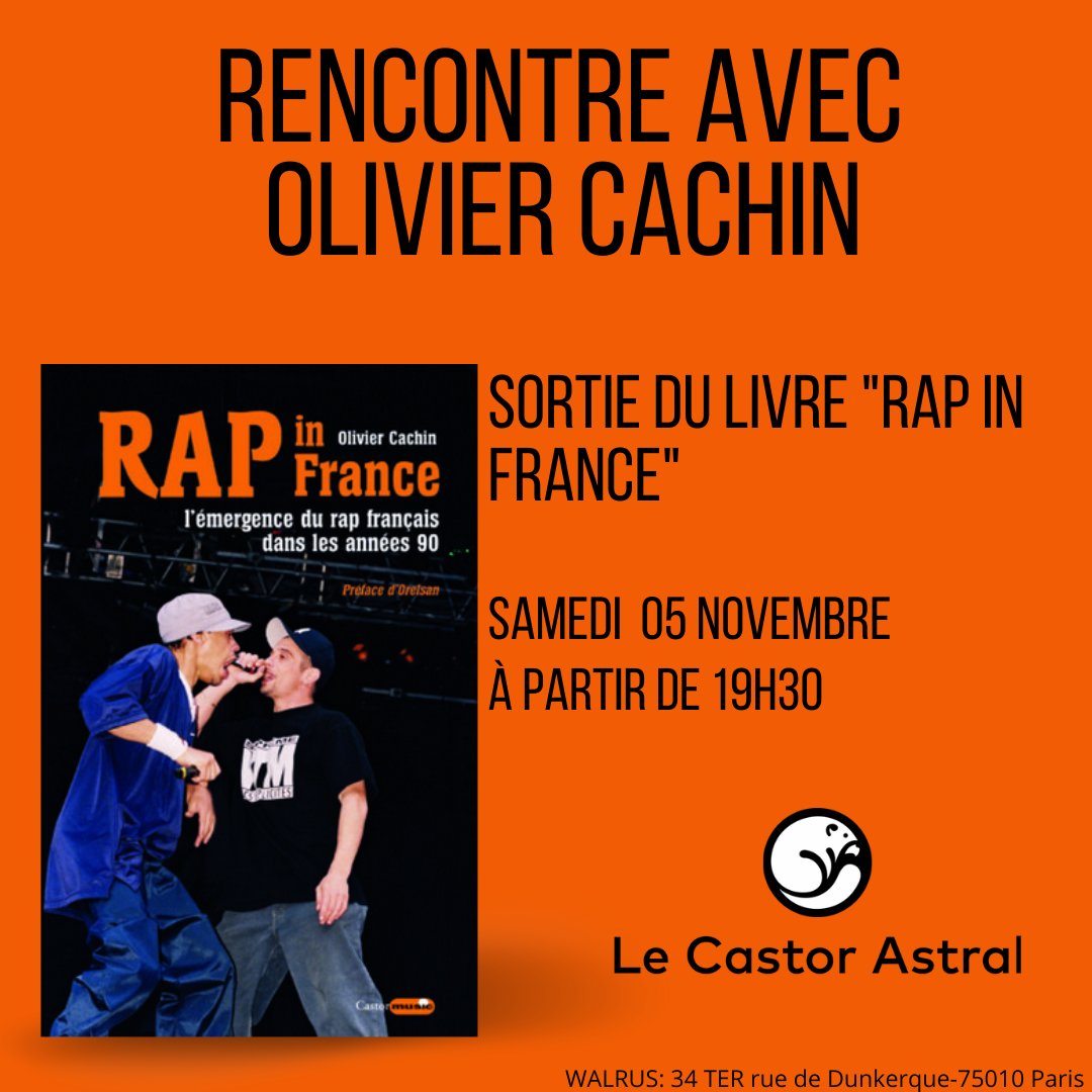 ÉVÉNEMENT 
Rendez-vous au Walrus samedi 5 novembre à 19h30 pour soirée événement consacrée au Rap. 
Nous fêterons ensemble le lancement de Rap in France d'Olivier Cachin ! <a href="/cachinolivier/">Olivier Cachin</a> <a href="/WalrusDisquaire/">Walrus</a>