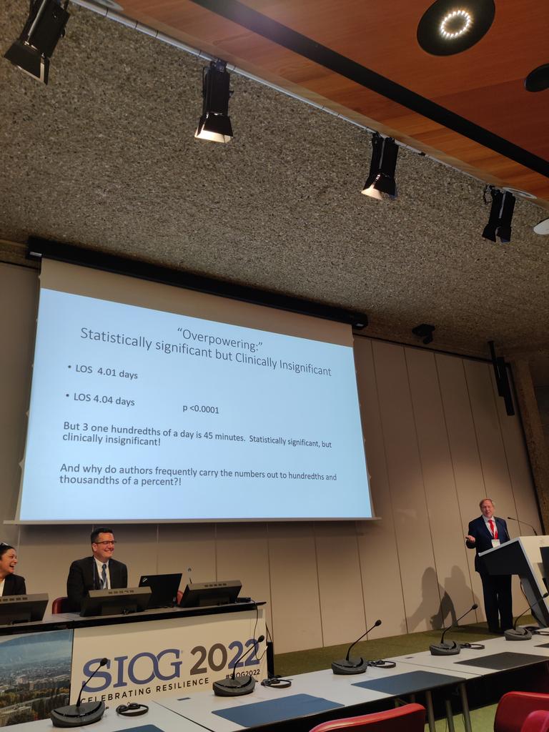 Hilarious but very good example of overpowering of large databases: 45 minute improvement in length of stay. #SIOG2022