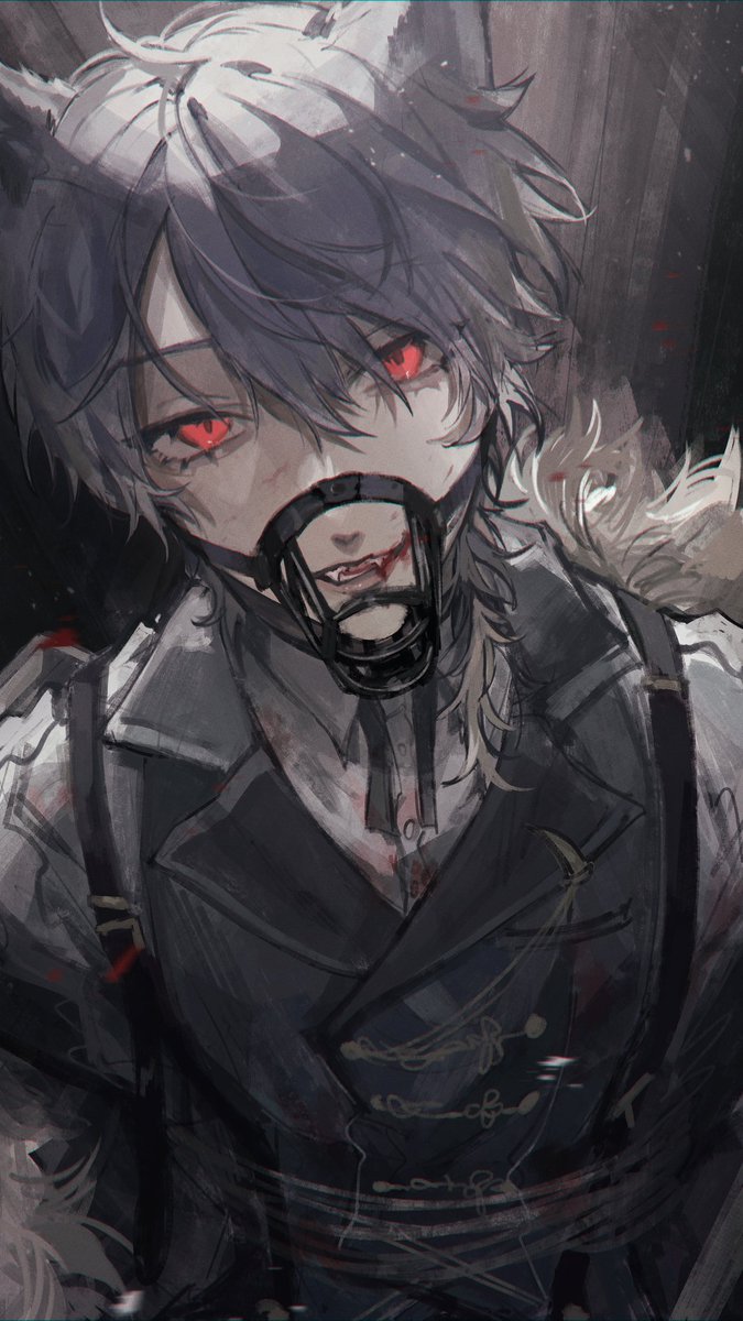 1boy male focus red eyes animal ears solo blood blood on face  illustration images