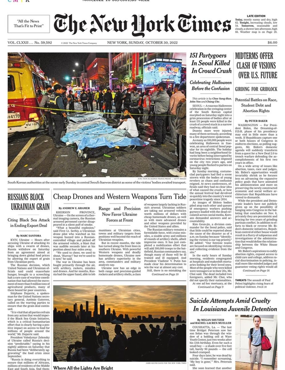nyt_daily's tweet photo. The front page of The New York Times this morning.
Sunday, October 30 2022. https://t.co/LmvyzqROYS