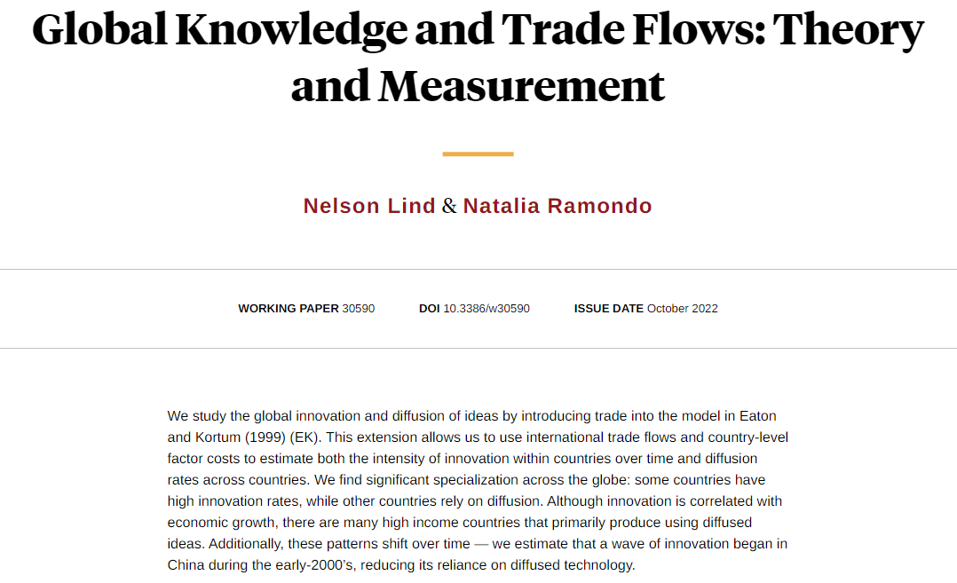 A framework for using international trade flows and country-level factor costs to estimate intensity of innovation within countries over time and diffusion across countries, from Nelson Lind and Natalia Ramondo nber.org/papers/w30590