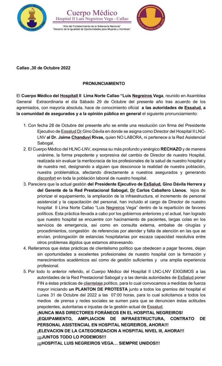 VictorBolvar1's tweet photo. Pronunciamiento del Cuerpo medico #hospitalNegreiros.
Algo raro pasa en red Sabogal @EsSaludPeru . Por nuestros pacientes del Callao,exigimos director que conozca nuestra realidad @RPPNoticias ,@larepublica_pe @Latina_pe .https://t.co/WNK5qCJrou https://t.co/PQWx1T7D45
