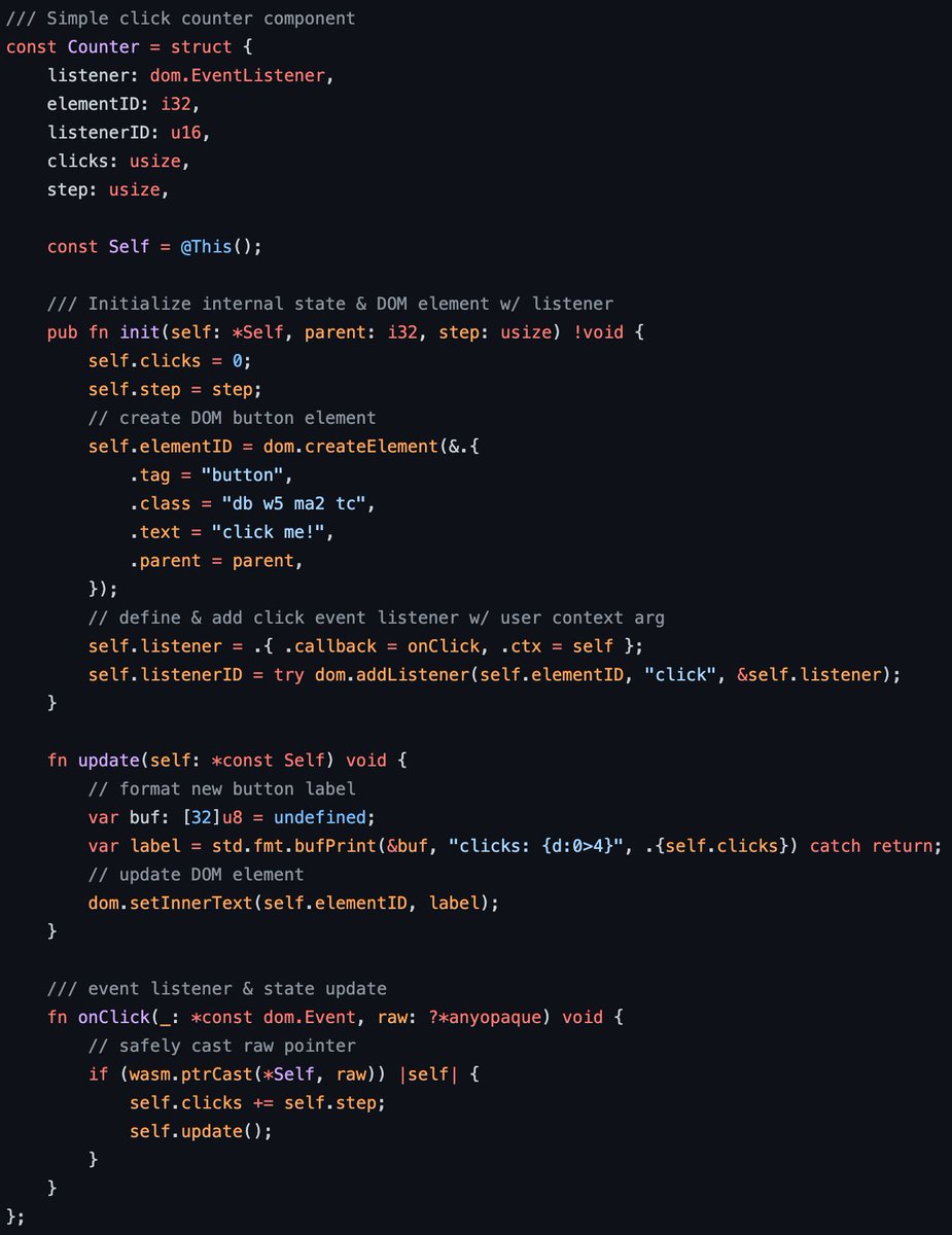 Major update/expansion of the thi.ng/wasm-api-dom README, as well as a new keep-it-simple #ziglang/#WebAssembly based DOM component example (also mentioned in the readme):

demo.thi.ng/umbrella/zig-c…

Source:
github.com/thi-ng/umbrell…

Hope that helps!