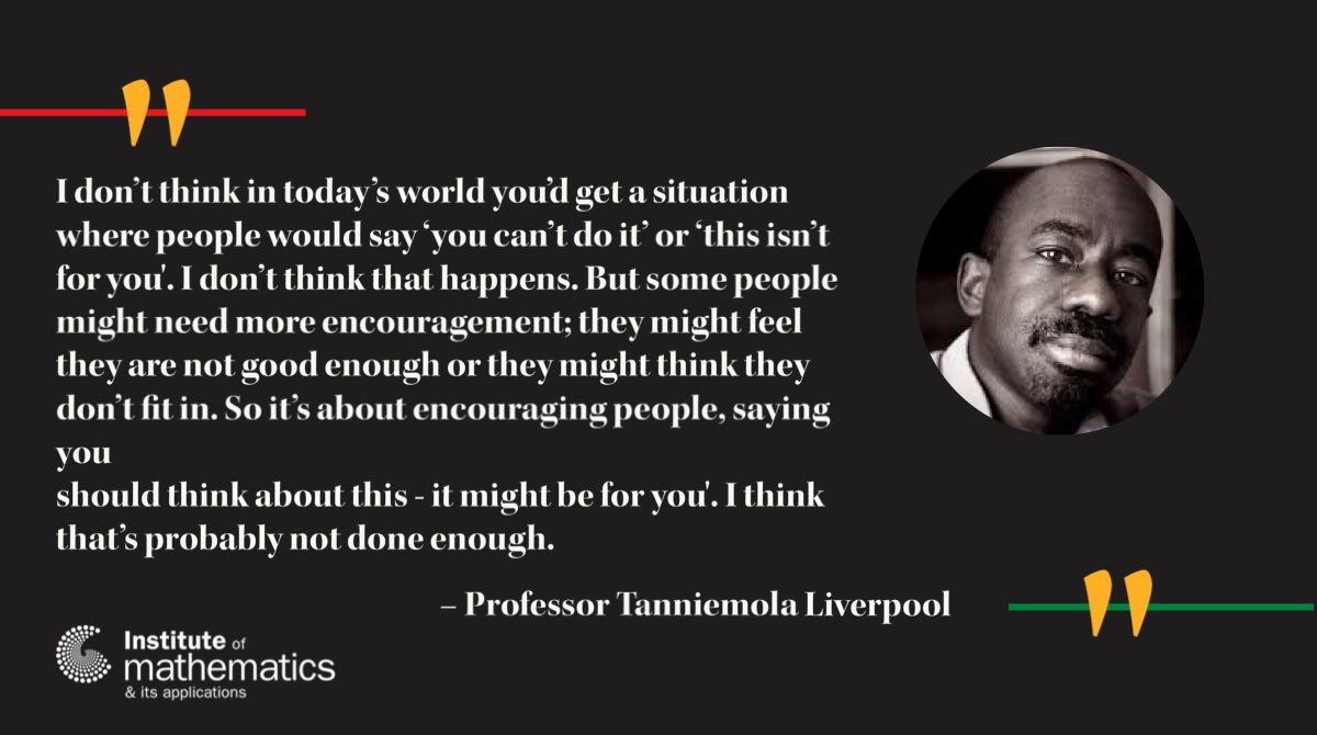 Professor Tanniemola Liverpool (Bristol University) on the importance of mentors. Liverpool was part of the organising committee for the #Blackheroesmaths 2022 conference as well as panellist. #BlackHistoryMonth #Mathematics #Mathematicians #education 

chalkdustmagazine.com/black-mathemat…