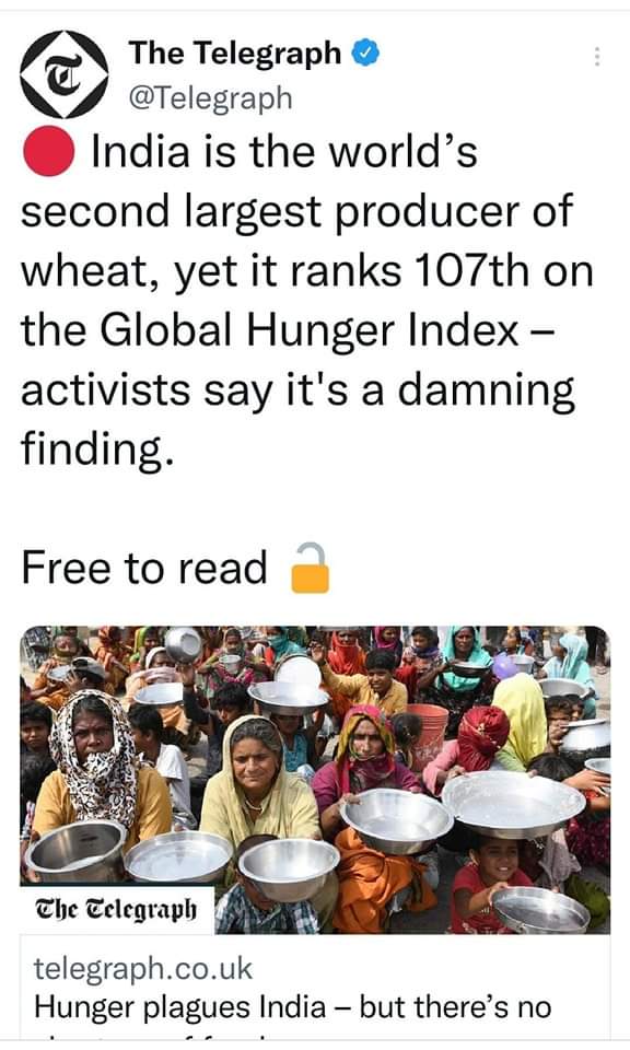 logicalvoters's tweet photo. India is 2nd largest producer of wheat still India ranks 107th on Global Hunger Index https://t.co/aXHOUyEylE