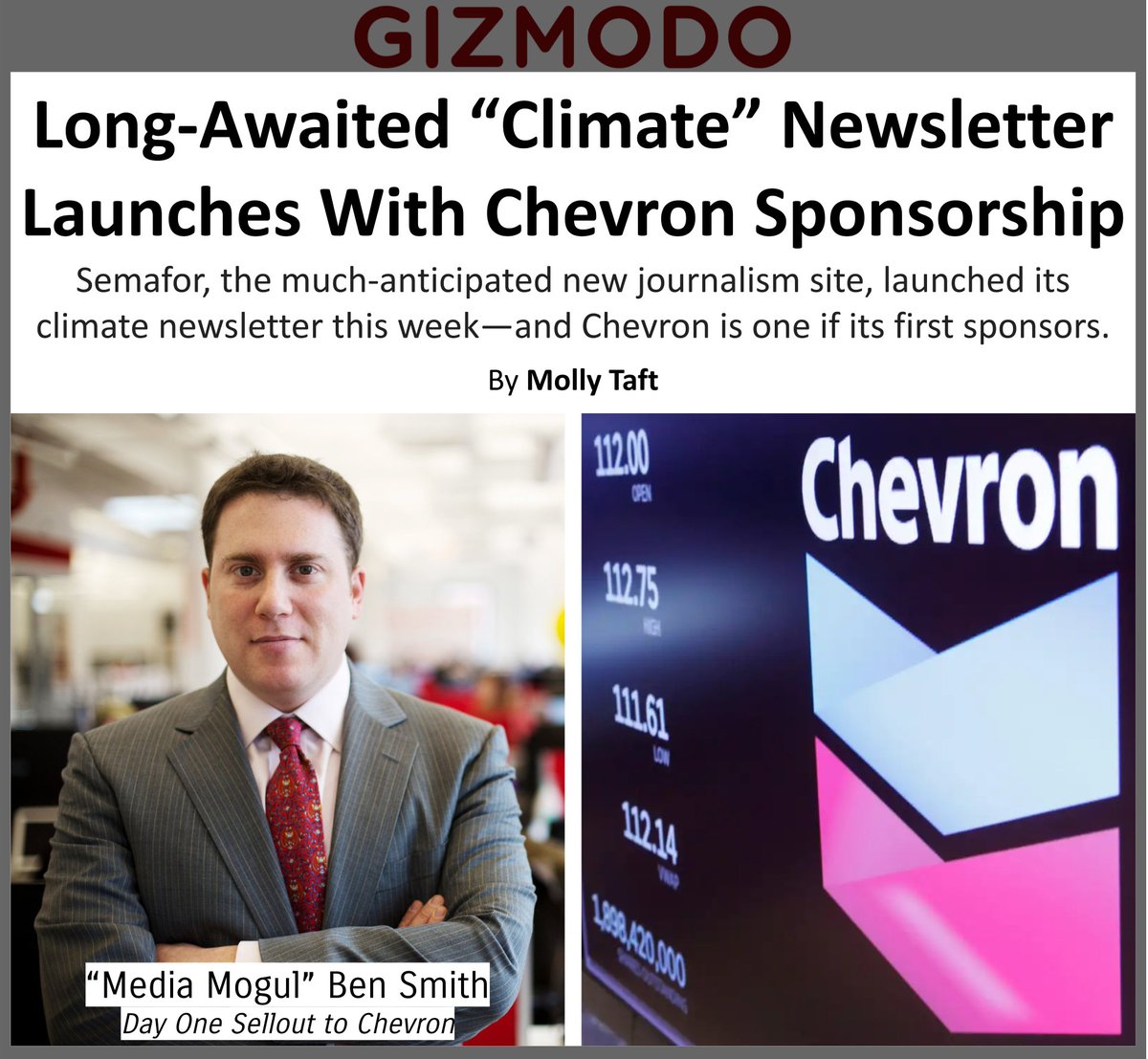 Former NYT journalist Ben Smith (@semaforben) took all of one day to sell out to the fossil fuel industry. His new 'climate' newsletter is in bed with @Chevron. Congress banned tobacco advertising in 1970. Why have we not banned fossil fuel advertising? bit.ly/3WhhaKH