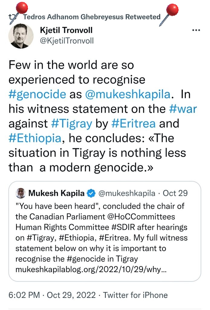 The so called DG of the <a href="/WHO/">World Health Organization (WHO)</a>, Tedros Adhanom (<a href="/DrTedros/">Tedros Adhanom Ghebreyesus</a>), working as #TerroristTPLF Spokesperson propagating by sharing <a href="/KjetilTronvoll/">Kjetil Tronvoll</a> and <a href="/mukeshkapila/">Mukesh Kapila</a> tweets claiming #FakeTigrayGenocide.

The fact is #GoE 🇪🇹 by now liberating many areas controlled by #TPLF to make peace.