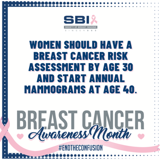 October is #BCAM. Join our #SBI social media committee to #endtheconfusion regarding breast cancer screening. DAY 30: Topic: Risk Assessment: Women should have a breast cancer risk assessment by age 30 and start annual mammograms at age 40 if average risk #SBI31 #bcam