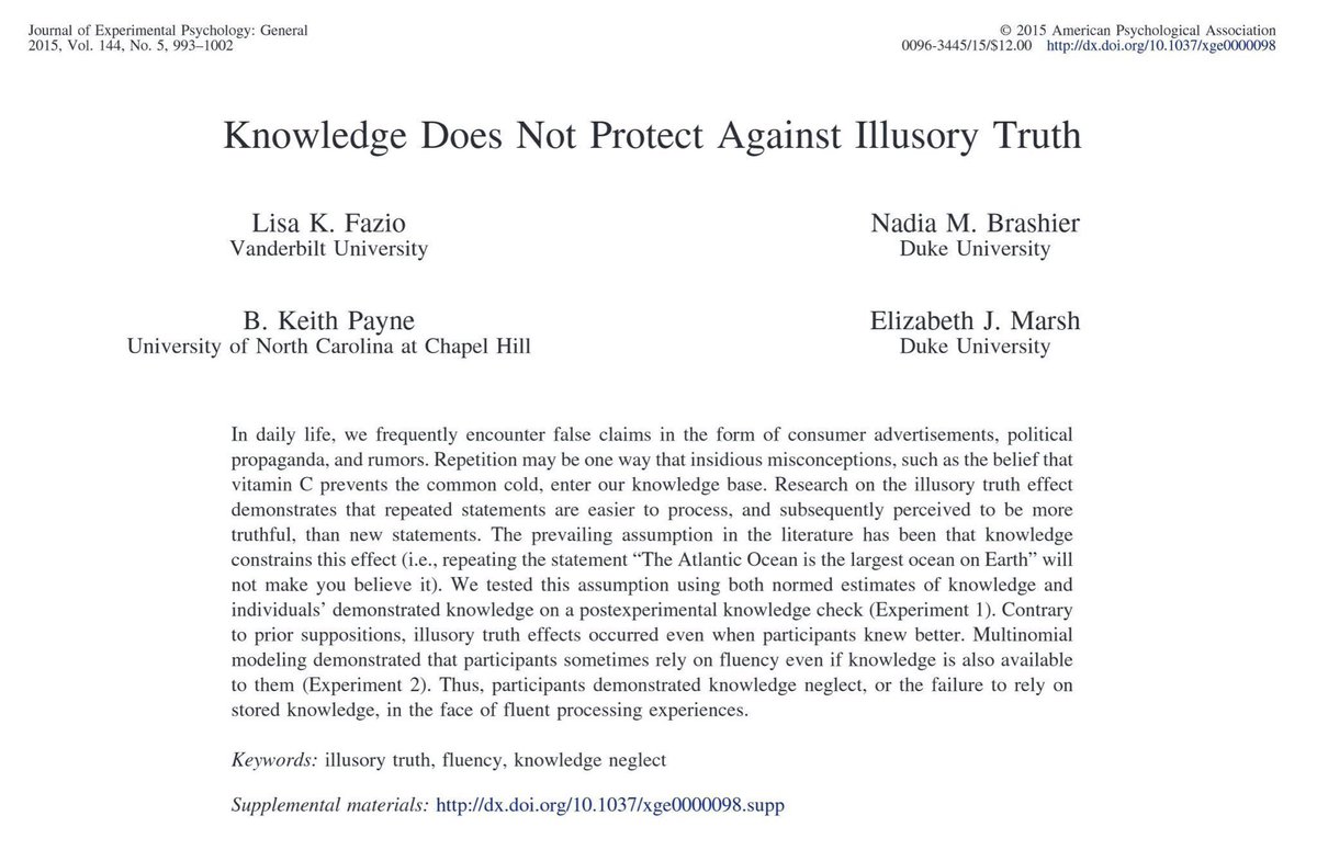 emollick's tweet image. Everyone on social media should know about the Illusory Truth Effect

If you see something repeated enough times, it seems more true. Multiple studies show that it works on 85% of people. Worse, it still happens even if the information isn&apos;t plausible &amp;amp; even if you know better.