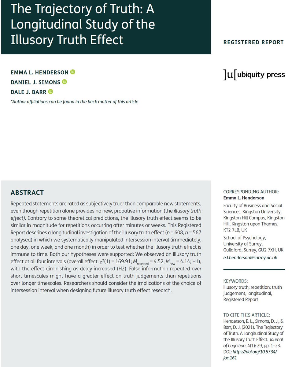 emollick's tweet image. Everyone on social media should know about the Illusory Truth Effect

If you see something repeated enough times, it seems more true. Multiple studies show that it works on 85% of people. Worse, it still happens even if the information isn&apos;t plausible &amp;amp; even if you know better.