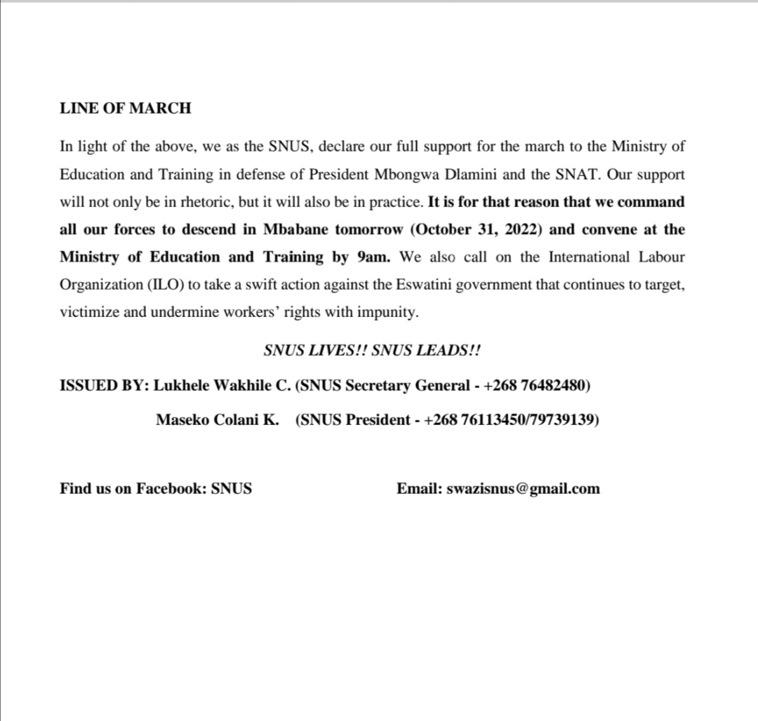 SNUS STATEMENT ON THE VICTIMIZATION OF <a href="/SnatSwaziland/">SNAT Swaziland</a> PRESIDENT Mbongwa Dlamini