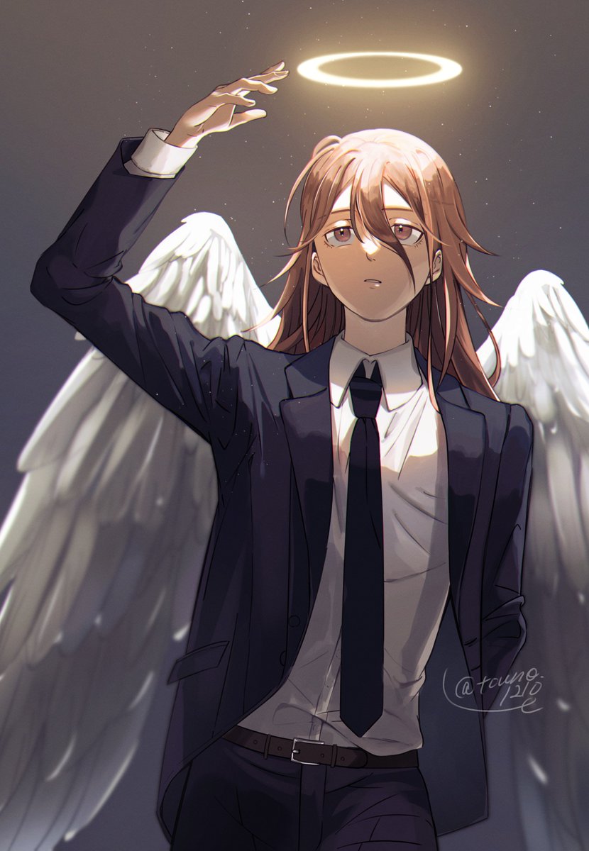 1boy halo necktie wings solo male focus formal  illustration images