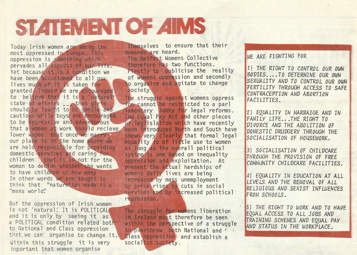 From Women's Action in 1978, the statement of aims of the Belfast Women's Collective. leftarchive.ie/document/629/ [Note: transcription is too long for the alt text - see thread for full transcription].