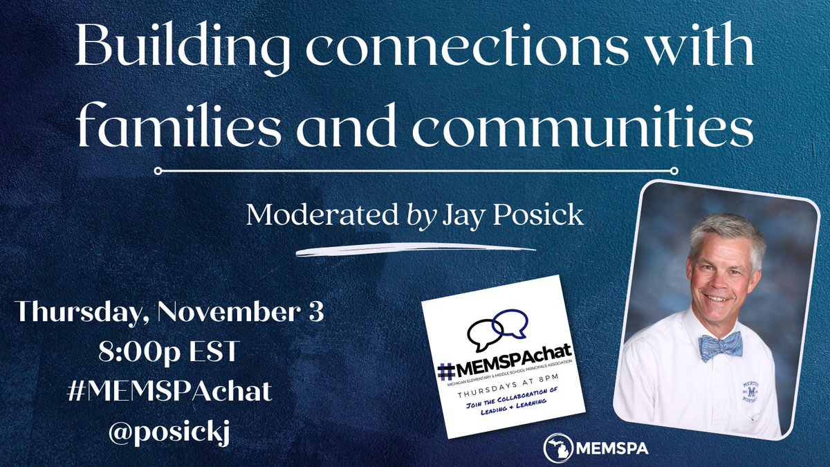 Join @posickj
as he moderates Building Connections w/ Families & Communities
during #MemspaChat 
Thurs 8pm EST

#oklaed #BuildHopeEDU
#JustFiveMin #TeachNVchat
#AussieEd #caedchat 
#michEd #Games4Ed
#KidsDeserveIt #EdChat
#wischat #AWSAinWI
#mnlead #PeopleSkillsChat #TeachMindful