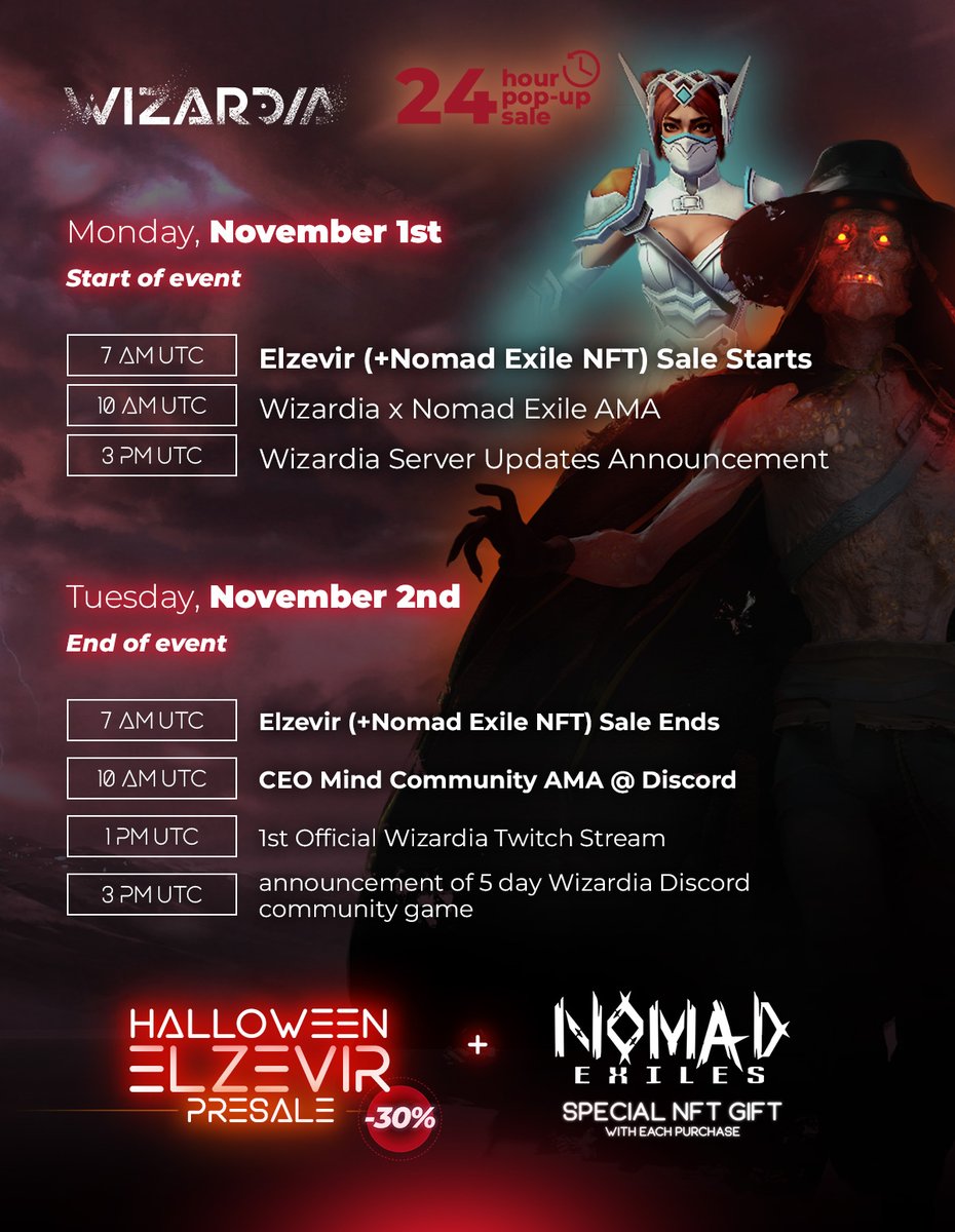 📢 Halloween Themed 4th POPUP Event this Tuesday! 🔥
🎃 30% discount on Elzevir only for 24h + 20% sale for other #NFTs
🎃 Free <a href="/NomadExiles/">Nomad Exiles</a> and #Wizardia NFTs for buyers
🎃 2 AMAs: Wizardia x Nomad Exiles &amp; CEO Community AMA
🎃 Secret community game 🤫
More info coming soon! 👻