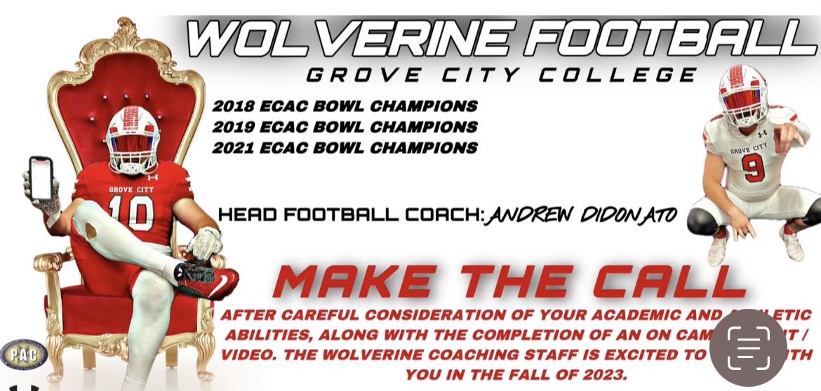 After a great conversation with <a href="/CoachBBrest/">Coach Bill Brest</a>. I am blessed to receive another offer from <a href="/GCC_FB/">Grove City Football</a> <a href="/CoachDiDonato/">Andrew DiDonato</a> <a href="/CoachBaney/">Derrick Baney</a>