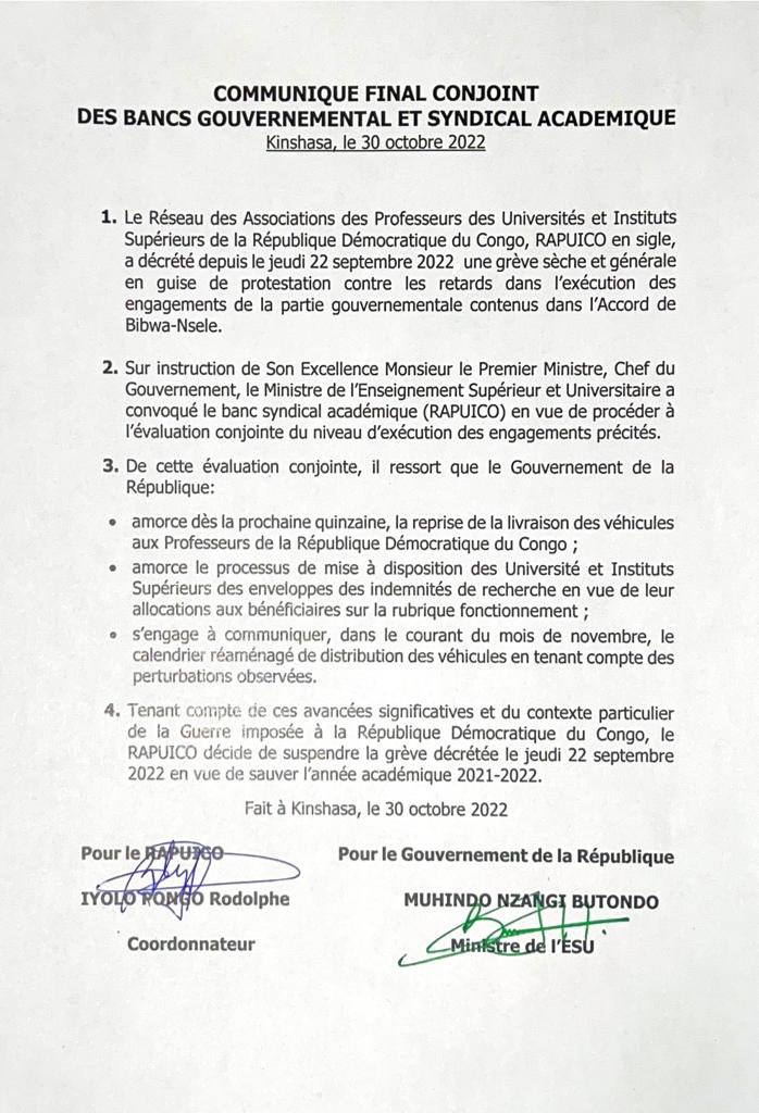 cabinet_esuRDC's tweet photo. ESU: après une intense réunion entre le RAPUICO et le banc gouvernemental représenté par @butondonzangi , ce dimanche 30 octobre, les deux parties ont signé un communiqué suspendant la grève à l’ESU. Dès ce lundi 31 octobre, les cours vont reprendre dans tous les Ets de l’ESU. https://t.co/J9VHntV1u4