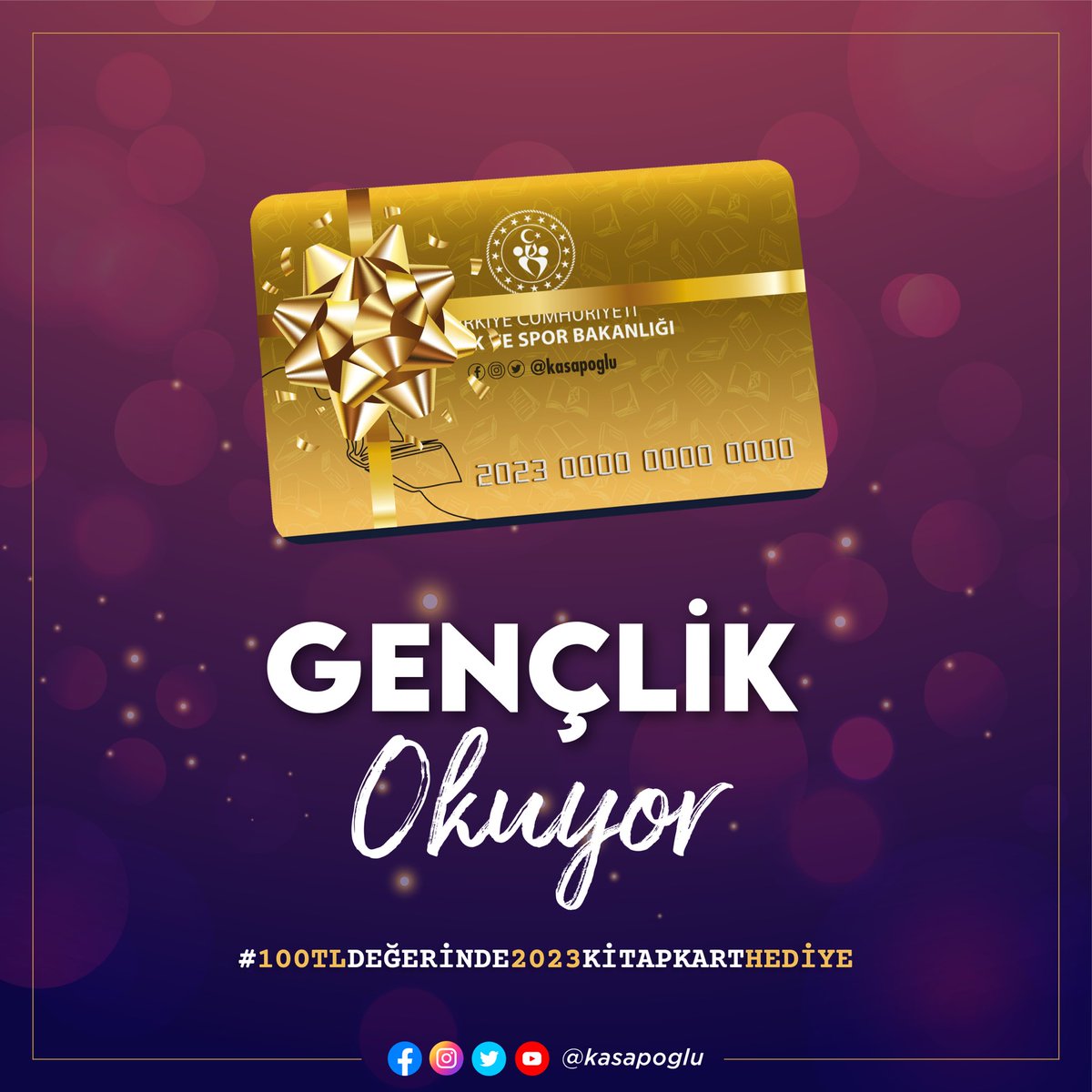 Gençlerimizin kitap okumayı yaşamlarının bir parçası haline getirmelerini istiyoruz.

Cumhuriyetimizin 99. yılına özel, yorumlara #GençlikOkuyor etiketiyle okuduğu kitabı paylaşan 2023 takipçimize 100 TL değerinde GSB Kitap Kart hediye ediyoruz.📚