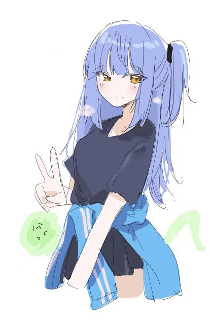 1girl solo v clothes around waist blue hair white background shirt  illustration images