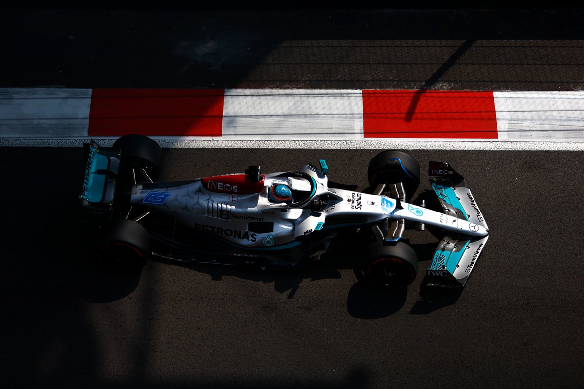 MercedesAMGF1's tweet photo. LAP 9: Both drivers not quite in touching distance of the cars ahead. 1.6s the gap to VER for Lewis, and 2.2s to PER for George. https://t.co/pDhQmJyHx6
