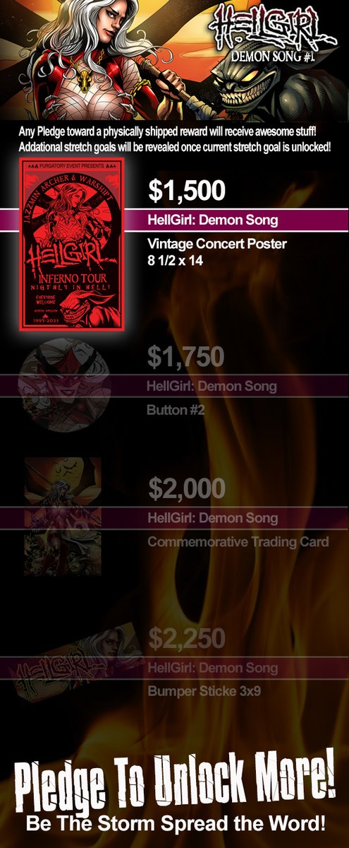BlueLineProArt's tweet image. The HellGirl kickstarter just hit $1258 so it's time to announce the next 4 items to give away for free as stretch goals. 
$1500 HellGirl Vintage Concert Poster
$1750 HellGirl Button #2
$2000 HellGirl Trading Card
$2250 HellGirl Bumper Sticker
kickstarter.com/.../hickey/hel…