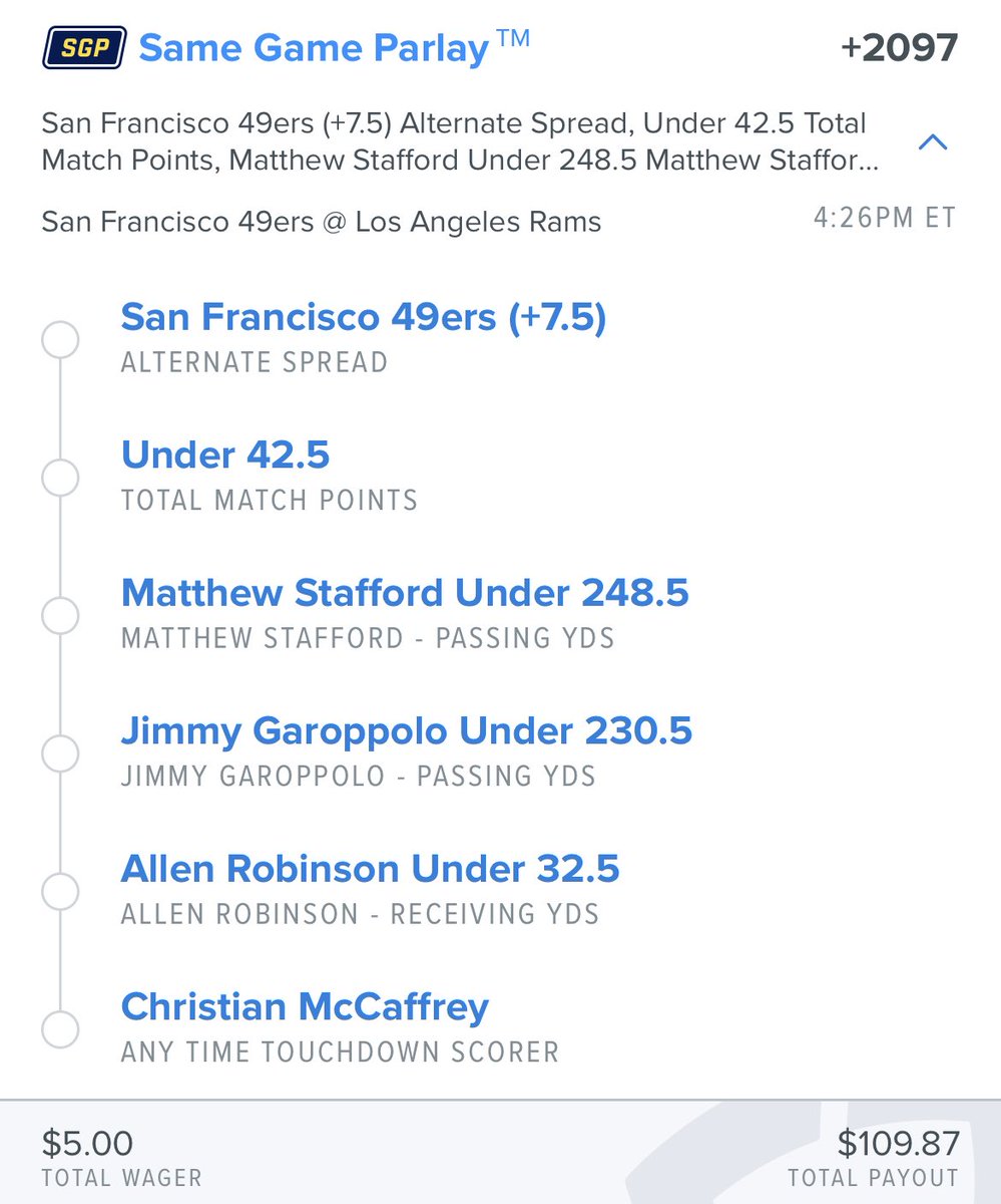 KennyPicksIT's tweet photo. 49ers Rams SGP. Division rivals. This one’s gonna be a dog fight https://t.co/4WEp5BuGiv