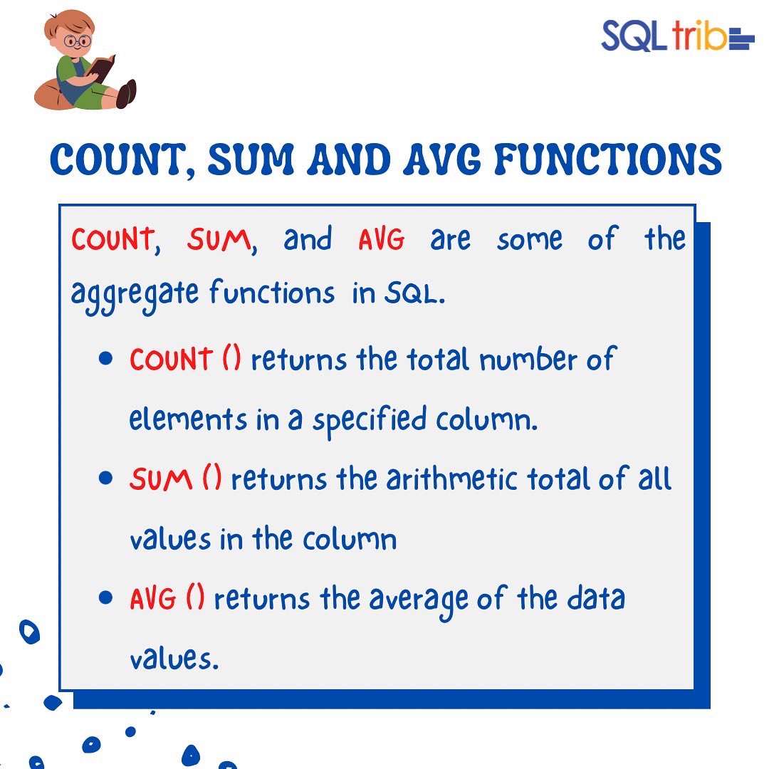thesql_tribe's tweet image. Have you tried using the COUNT, SUM, and AVG functions in SQL. 

Check the second image to see how they are used correctly in a query.

Join the community through the link below to learn more. 

thesqltribe.org/community/

#learnsql #thesqltribe #sqlfunctions