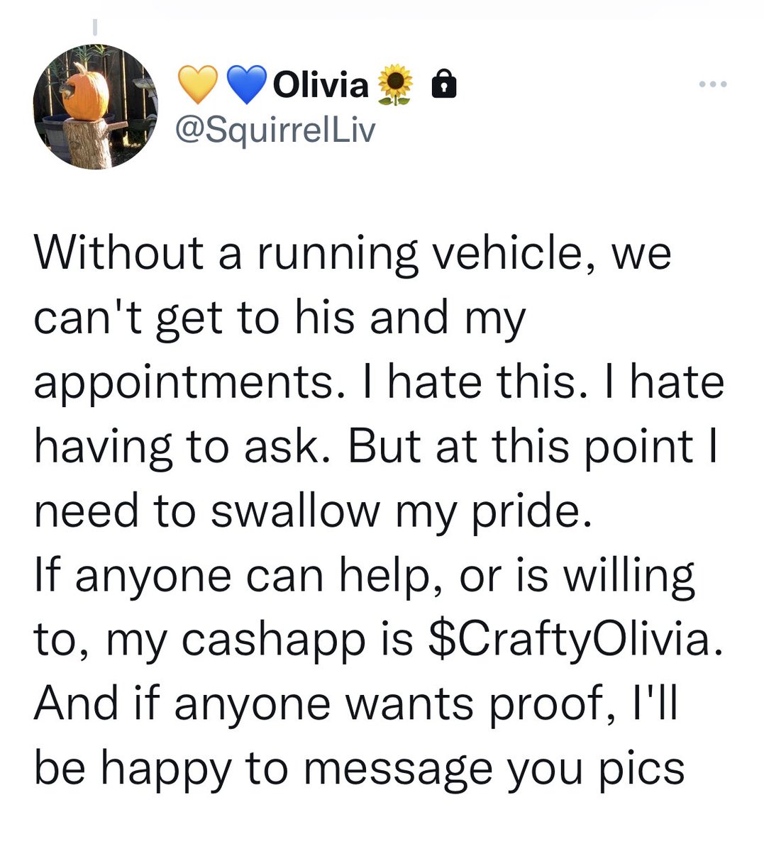 About a year ago, hubby and I were nearly homeless. We survived, with help from strangers. My friend Liv has been through so much, and needs some help. I’ve donated myself, and if anyone can help, even a little bit, she would greatly appreciate it. <a href="/SquirrelLiv/">💛💙Olivia🌻</a> ❤️❤️