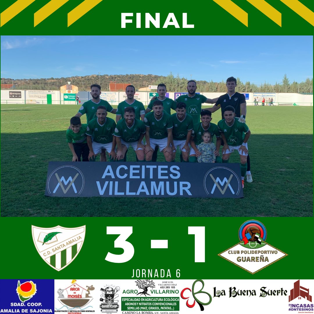 CDSantaAmalia's tweet photo. Final
Nueva victoria local, donde siempre hemos estado por delante en el marcador y que hasta el final, a base de trabajo, conseguimos ampliar el marcador. 

Goles ⚽️Loren ⚽️Carlino ⚽️Javi

Suerte en la temporada @CPGuarena  y nos vemos en la vuelta.

¡Vamos Verdes! ➕3️⃣ https://t.co/vE6FXRMOqR