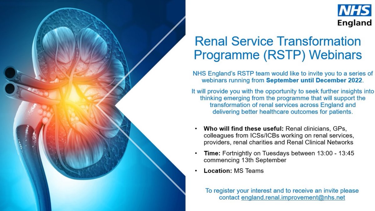 NHS England's Renal Service Transformation Programme team would like to extend an invitation to those interested in accessing a series of webinars currently running until December 2022.