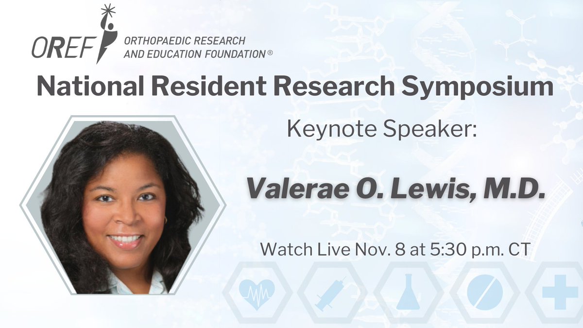 We are excited to have @DrValeraeLewis as our keynote speaker at OREF's 2nd Annual National Resident Research Symposium on Nov. 8! Valerae O. Lewis, MD, is the Chair of Orthopaedic Oncology at @MDAndersonNews. Tune in at 5:30 pm CT on OREFTV: bit.ly/3CZeCJJ #orthotwitter