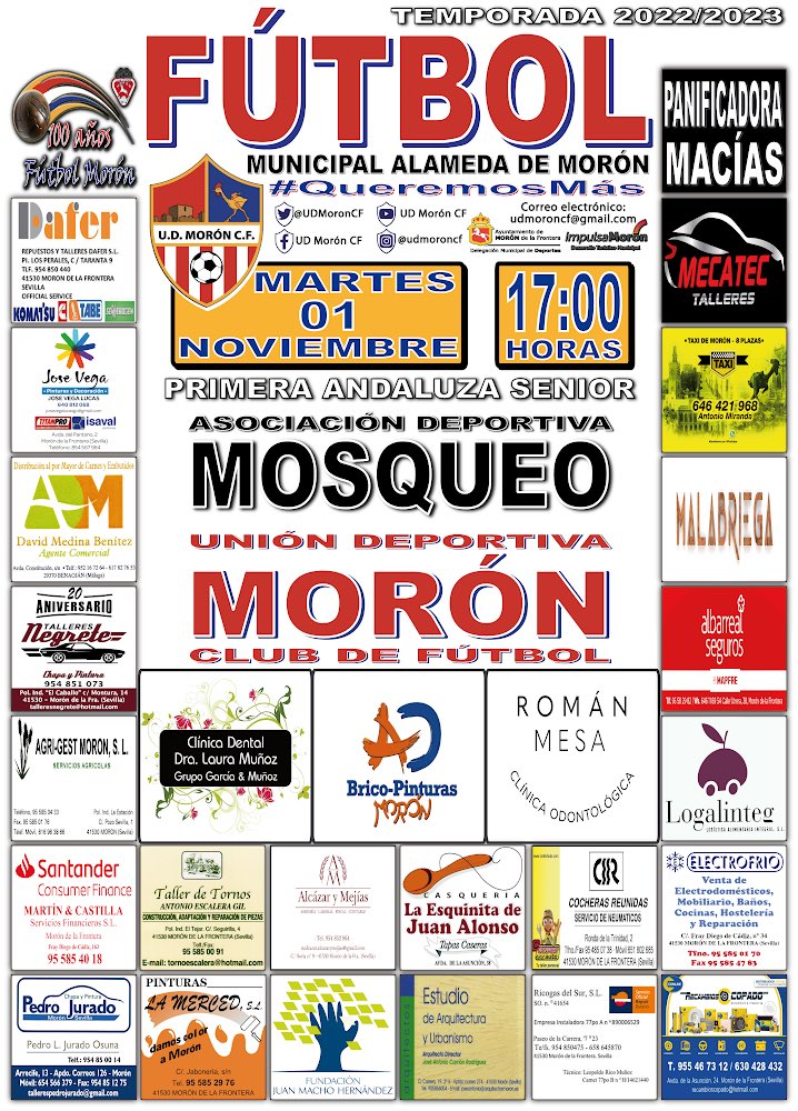 🔊ATENCIÓN AFICIÓN 🔊

🚨JORNADA INTERSEMANAL🚨

🏟TEMPORADA 2022/2023

9️⃣Jornada (1ª Andaluza SENIOR)

🆚 <a href="/ADMosqueo/">A.D. Mosqueo</a> 
🗓MARTES 01 NOVIEMBRE‼️
⌚️17:00 horas‼️
🏟Municipal Alameda (Morón de la Frontera)

🏆#1ªAndaluzaSENIOR

🙌🏽🇹🇭⚽️ #QueremosMás
❤️🤍💙#VamosMiMorón