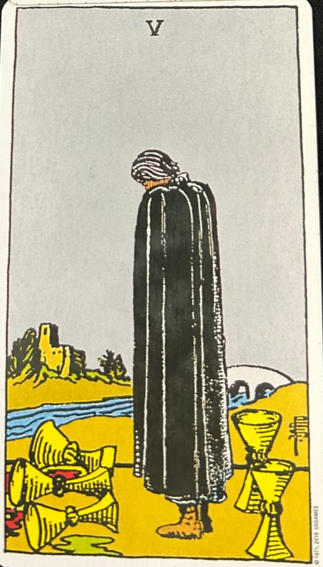 COTD - The 5 of Cups - A person stares at the spilled ups so focused on what is lost that he fails to look around at what he still has & he fails to see a bridge leading to a town where he can replenish. Look around! some1 needed to hear this today that follows me.