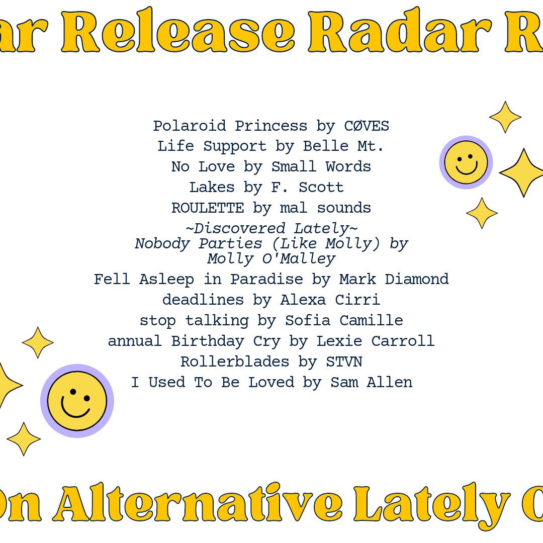 Tonight on Alternative Lately, we’ll be featuring tracks by <a href="/thisiscoves/">CØVES</a> <a href="/BelleMtMusic/">Matt Belle Mt.</a> <a href="/malsounds/">mal sounds</a> <a href="/mollyomalleyx/">molly</a> @MarkDMND <a href="/lexiecarroll_/">Lexie Carroll</a> <a href="/SmallWordsMusic/">Small Words</a> and many more! 

Tune in from 9-11pmEST on WXOJ-LP Northampton 103.3FM, or stream at valleyfreeradio.org/listen!