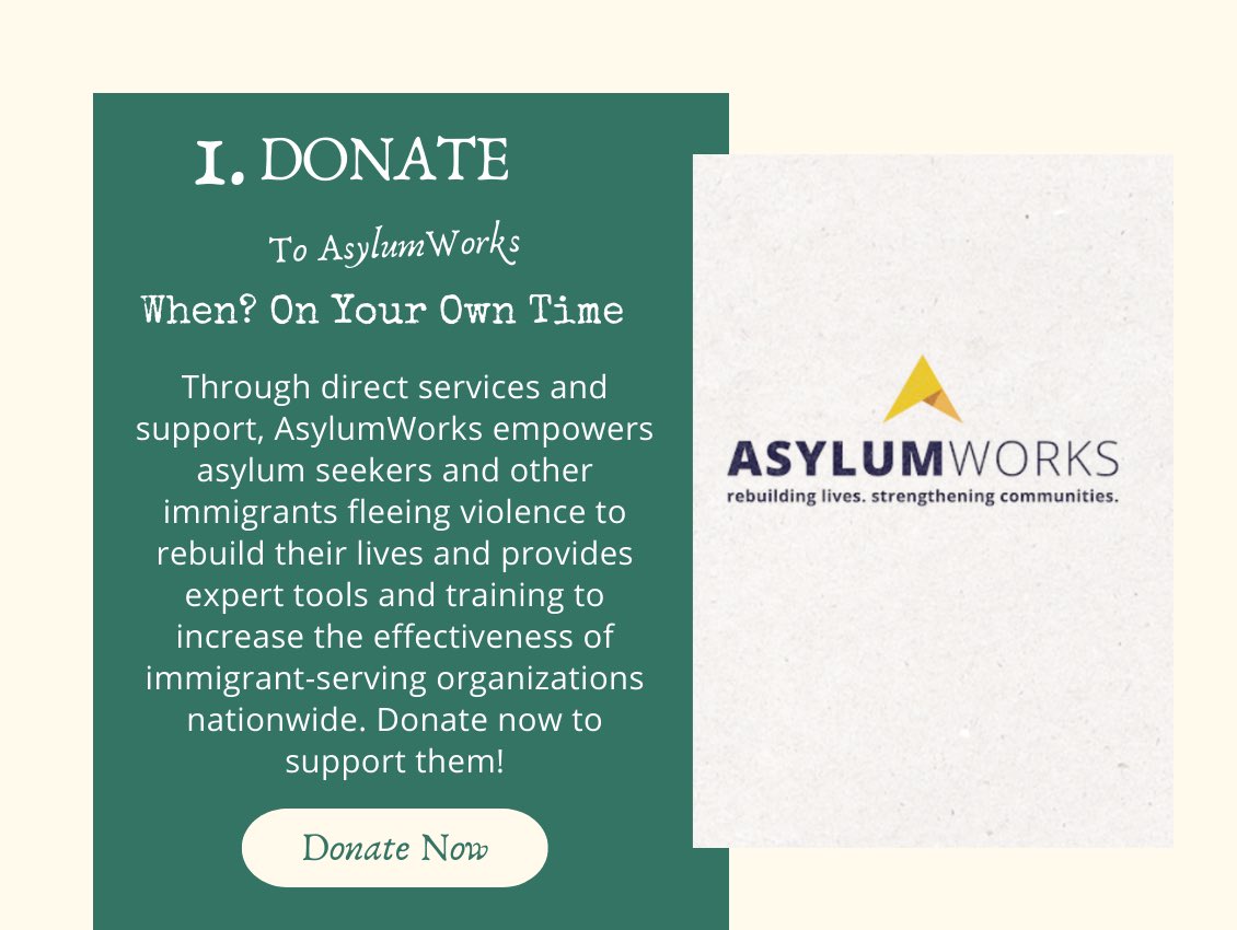 Immigrant Food (@immigrantfooddc) on Twitter photo 1. Donate | To Asylum Works
Today 📍online
Support <a href="/AsylumWorksDC/">AsylumWorks</a>, an organization that empowers asylum seekers and other #immigrants fleeing violence.
asylumworks.kindful.com 1. Donate | To Asylum Works
Today 📍online
Support <a href="/AsylumWorksDC/">AsylumWorks</a>, an organization that empowers asylum seekers and other #immigrants fleeing violence.
asylumworks.kindful.com