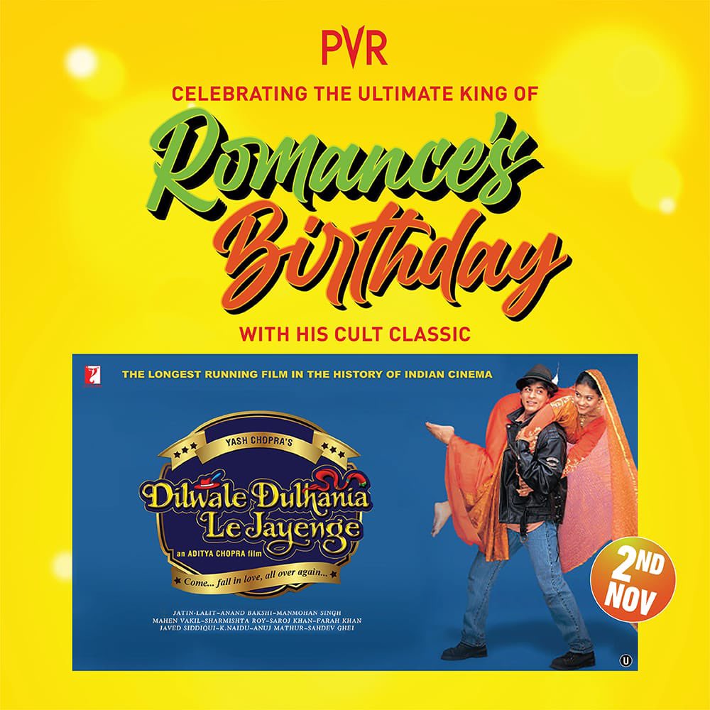 Celebrate @iamsrk's birthday with a special screening of #DilwaleDulhaniaLeJayenge on Nov 2nd at select @_PVRCinemas.