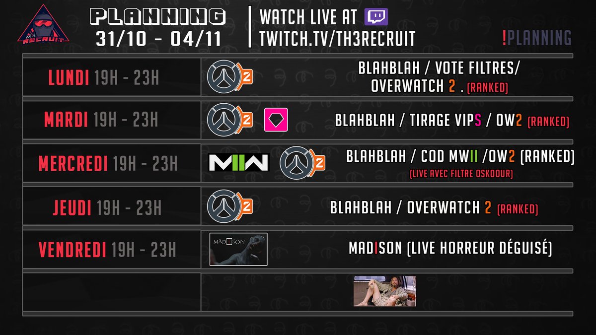 Th3_Recruit's tweet photo. BOOM ! 💥
Voici le planning de la semaine prochaine.
--------------------------------
#TwitchStreamers 
--------------------------------
➡️ https://t.co/Hvtn3pfLCl
--------------------------------
uwu https://t.co/6oGOYpLWoN