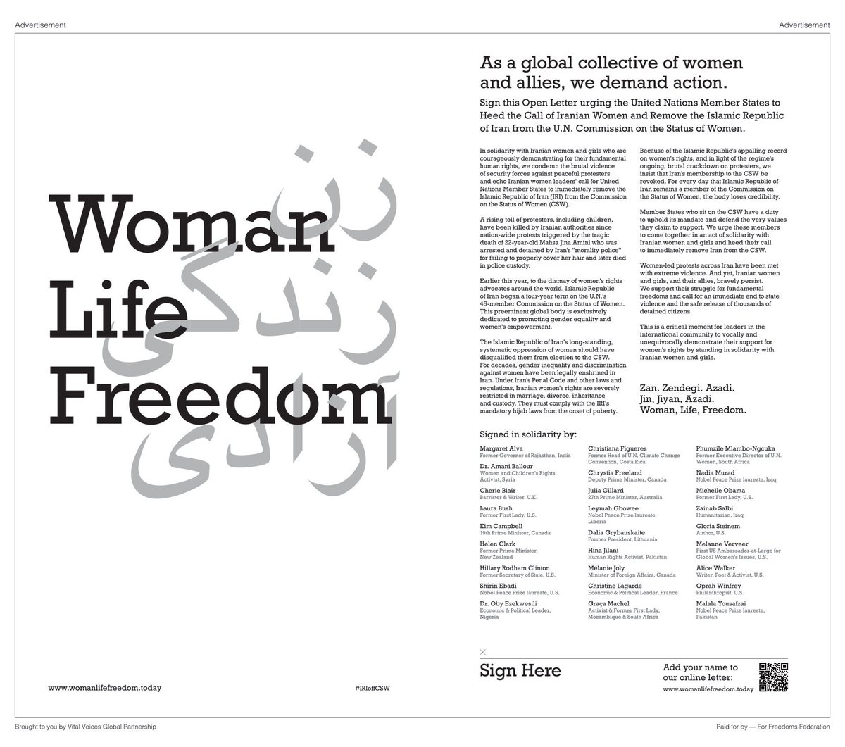 Full page letter in The NY Times, signed by female world leaders, urging action be taken to remove the Islamic Republic from the UN Commission on the Status of Women. Thank you to everyone who has signed & supported. Please sign if you haven’t: womanlifefreedom.today #MahsaAmini
