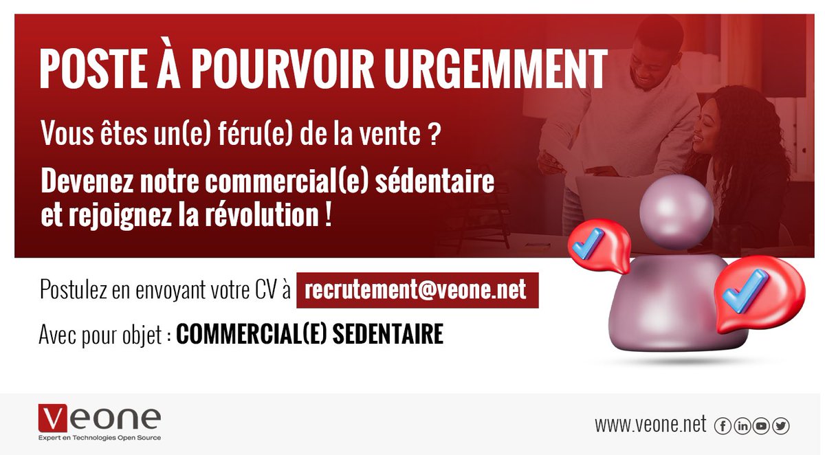 Veone_Net's tweet photo. Nous recherchons en urgence un(e) Commercial(e) Sédentaire 
  
Veuillez nous faire parvenir votre CV à l’adresse suivante : recrutement@veone.net avec en objet : Commercial(e) Sédentaire 

#veone
#recrutements 
#commercial
#emploi https://t.co/HQqiSptuPZ