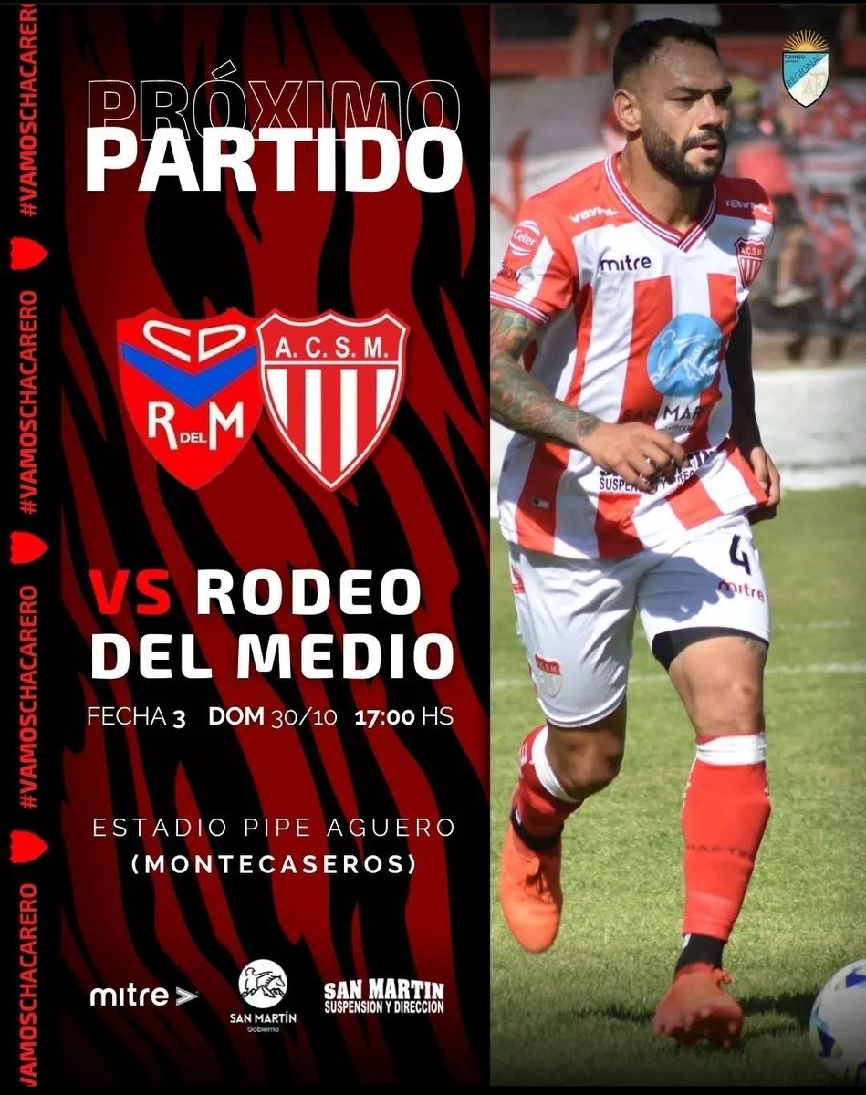 🏆 TORNEO REGIONAL // FECHA 3
Rodeo del Medio 🔵🔴🔵 VS San Martín 🔴⚪🔴
🗓️ Domingo 30/10
⏱️ 17 hs
🏟️ Estadio Club Montecaseros 
#VamosChacarero