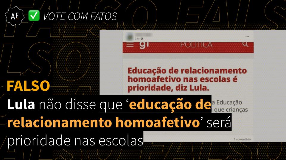 aosfatos's tweet photo. NO AR. O G1 nunca publicou reportagem com Lula dizendo que a “educação de relacionamento homoafetivo” seria prioridade nas escolas. A imagem compartilhada é uma montagem que simula o portal de notícias
Leia mais 👇
https://t.co/m6xtT1DGTH
#Eleições2022 #CheckBR #votecomfatos https://t.co/MpX5Y3KSny