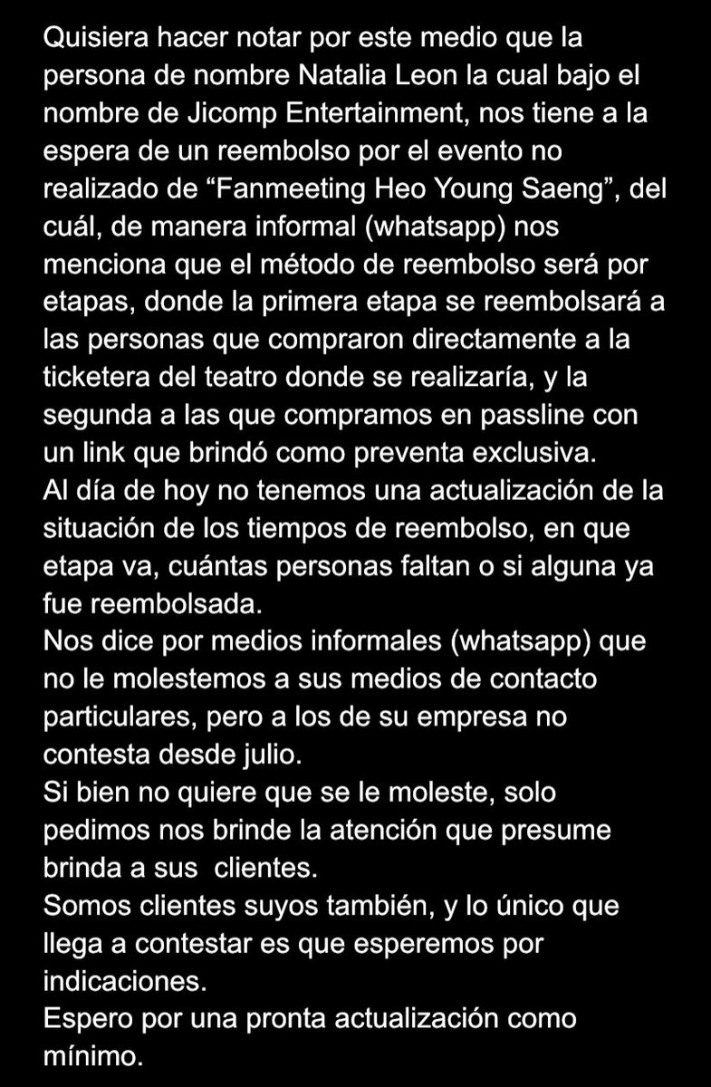 kimeryf2's tweet photo. Como parte de mi preocupación por no tener ni una actualización en 3 meses comparto lo siguiente: @jicomp_ent espero información del proceso de reembolso por el evento no realizado del Fanmeeting de Heo Youngsaeng, no debería tener que averiguar por terceros la situación #Jicomp https://t.co/6OoZisnOG3