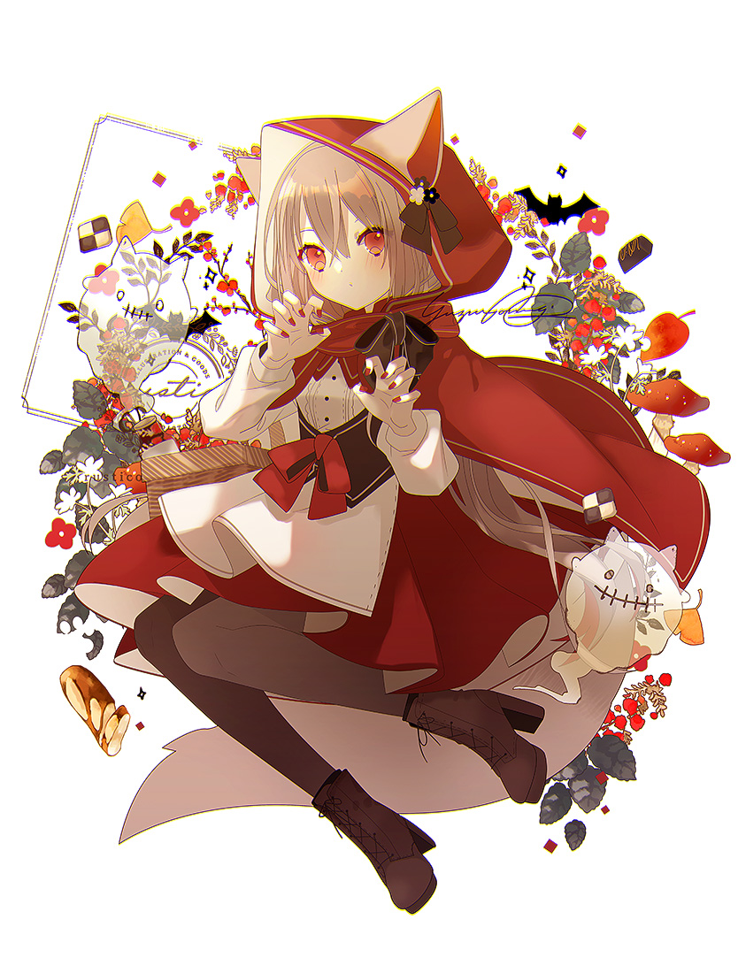1girl solo animal ears red eyes hood pantyhose checkerboard cookie  illustration images